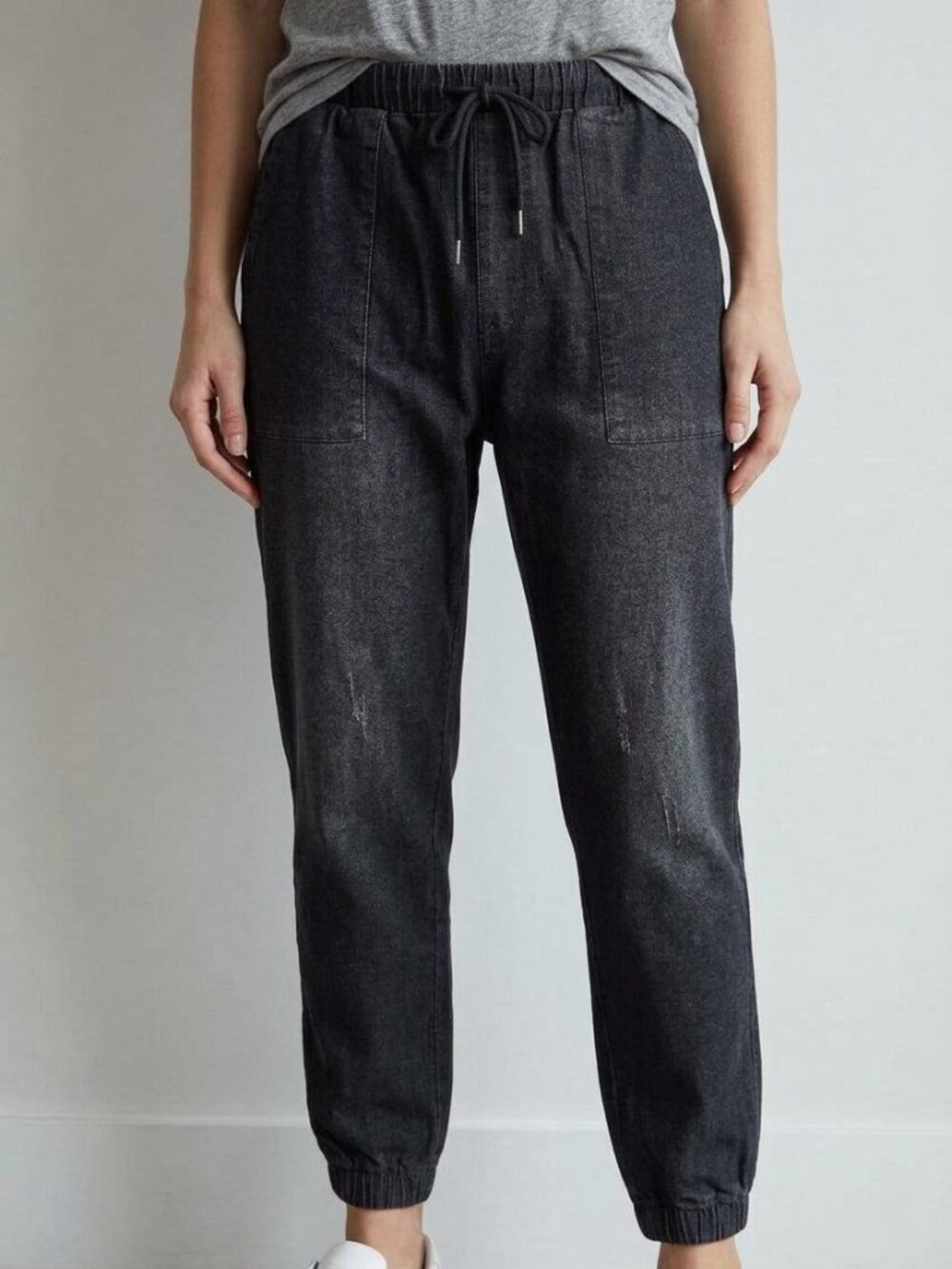 White Birch Faded Black Knit Denim Jogger Pants Distressed Drawstring | Size XL